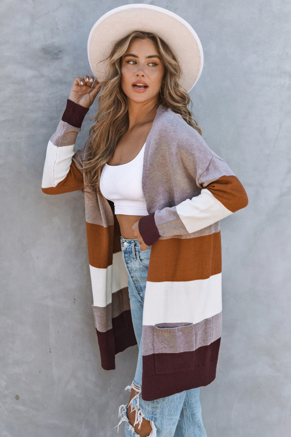 Open Front Colorblock Cardigan with Pockets