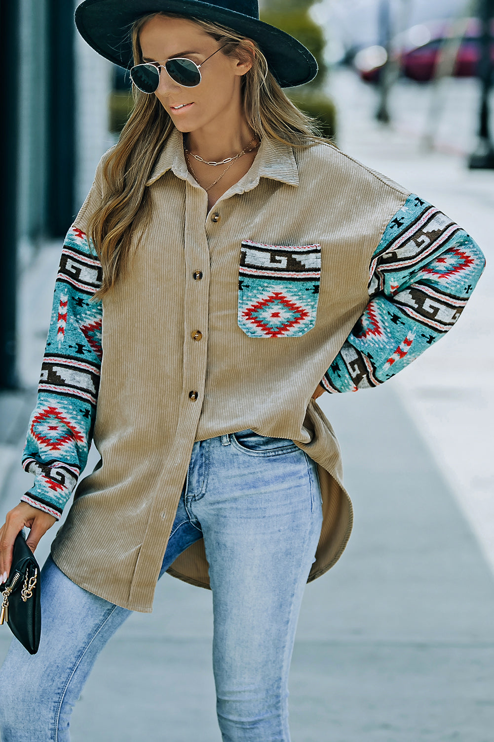 Aztec Pattern Sleeve Pocketed Corduroy Shacket