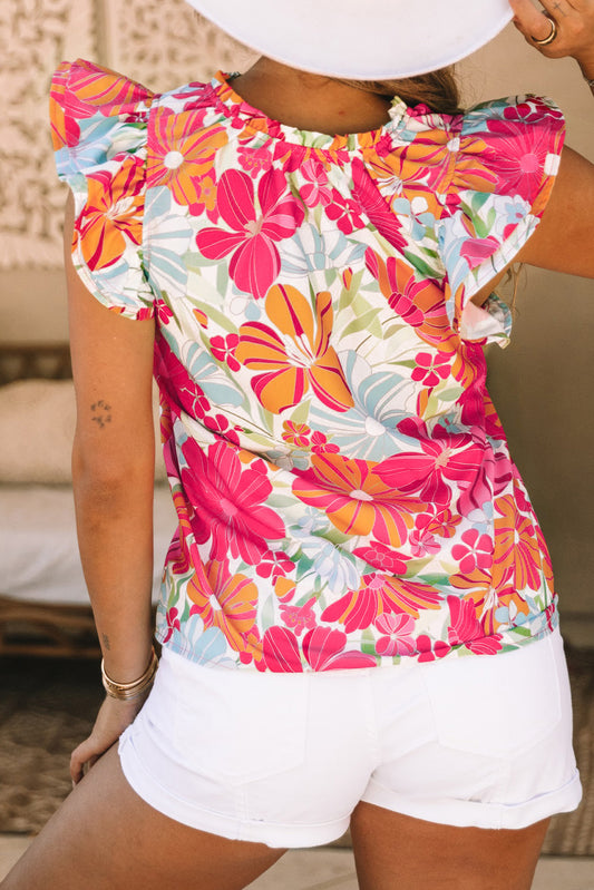 Flutter Sleeve V Neck Floral Print Shift Blouse