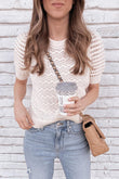 Hollowed Knit Short Puff Sleeve Sweater Tee