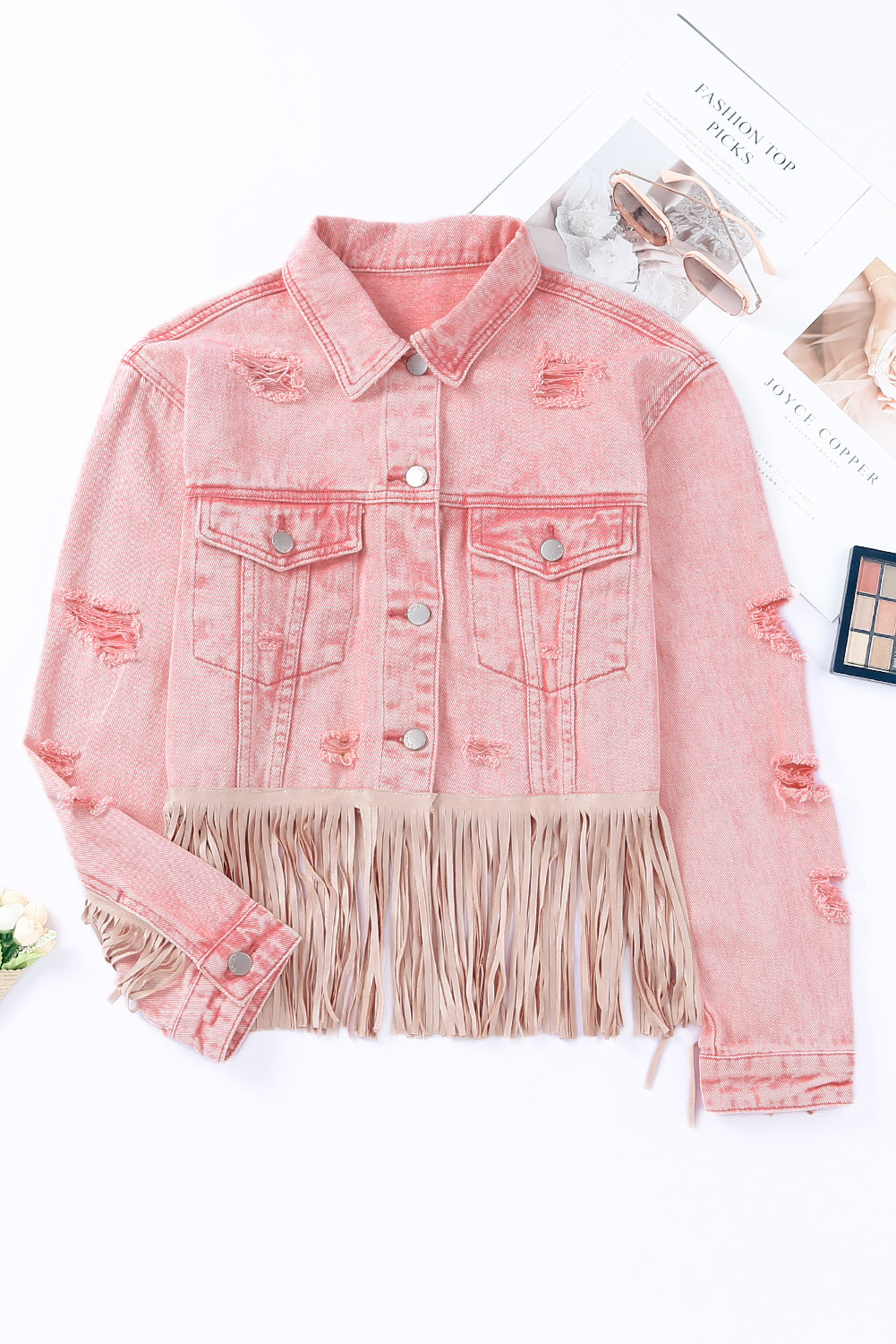 Distressed Fringed Cropped Denim Jacket