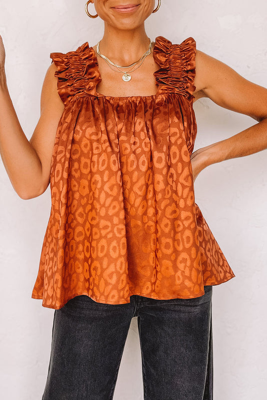 Leopard Print Ruffled Wide Strap Satin Tank Top