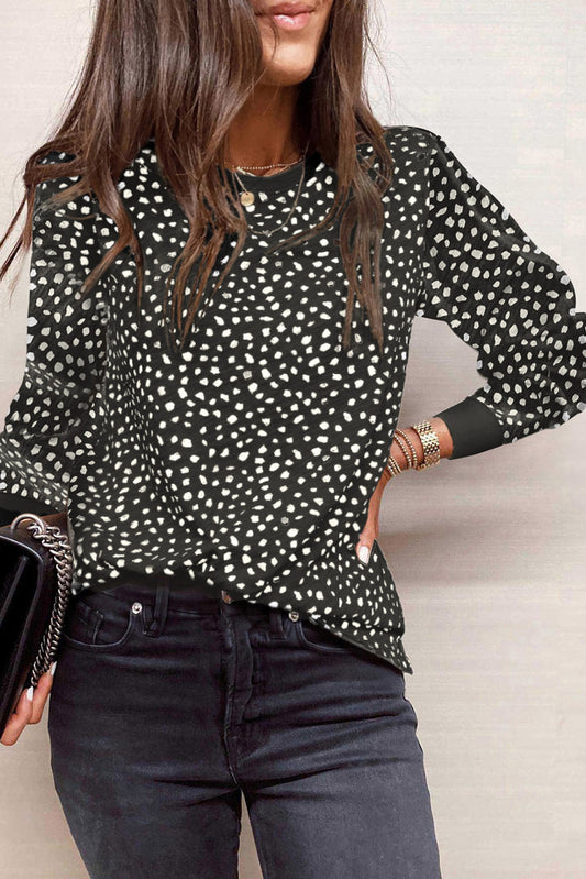 Animal Spotted Print Round Neck Long Sleeve Top