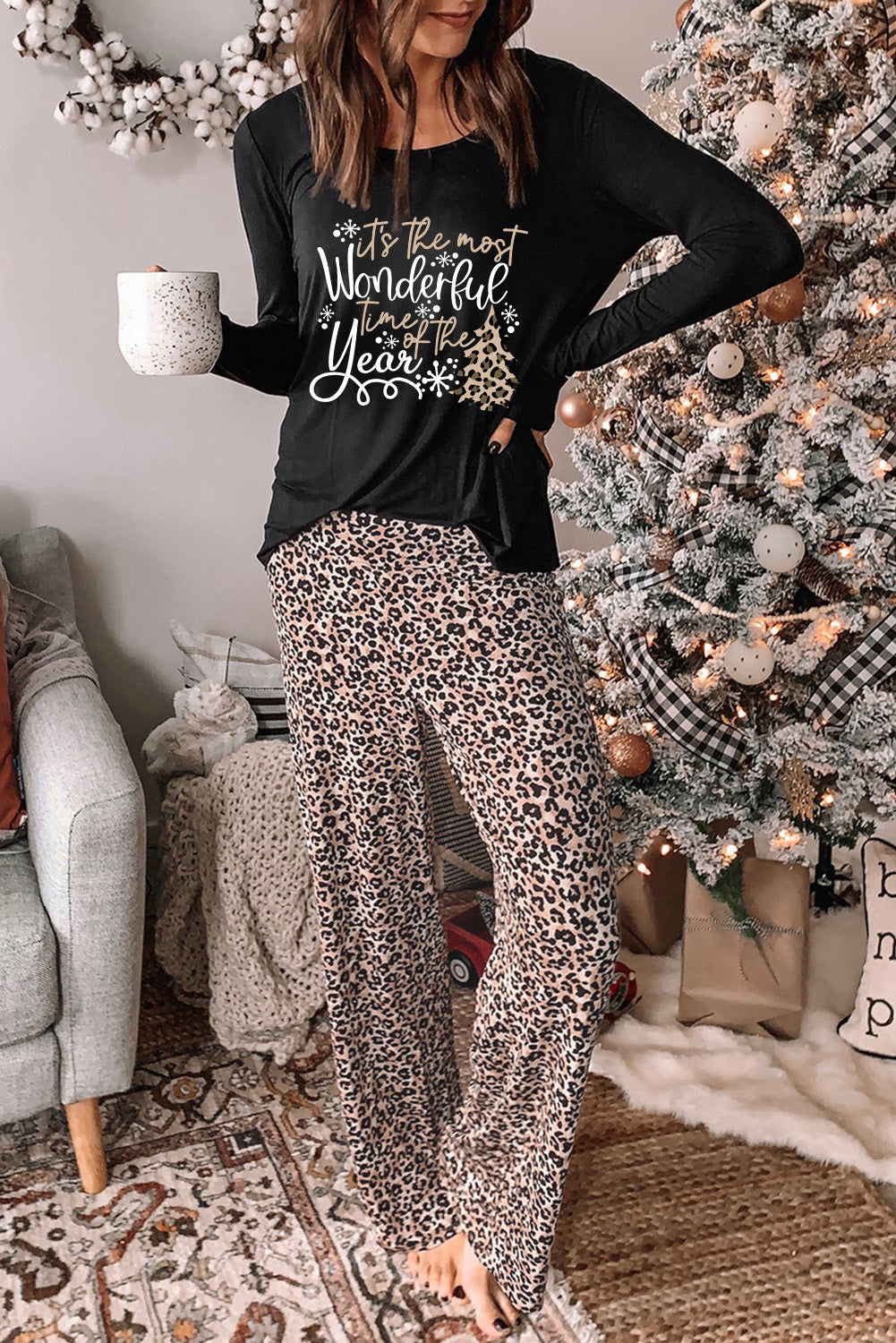 Long Sleeve Top and Leopard Print Pants Lounge Set