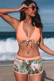 Tropical Leaf Print Tie Bikini and Boardshorts