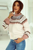 Geometric Pattern Ribbed Trim High Neck Sweater