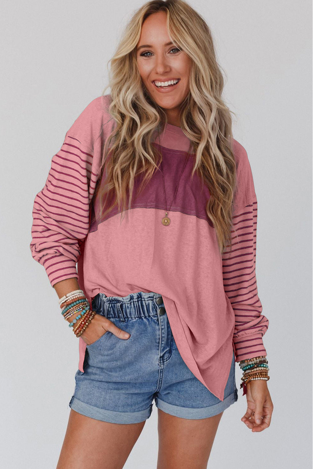 Green Colorblock Striped Bishop Sleeve Top