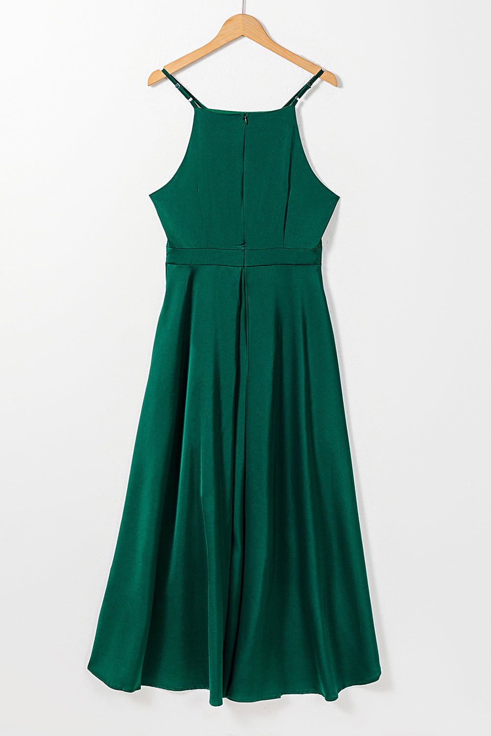 Green Satin Sleeveless Pleated High Low Dress with Pocket