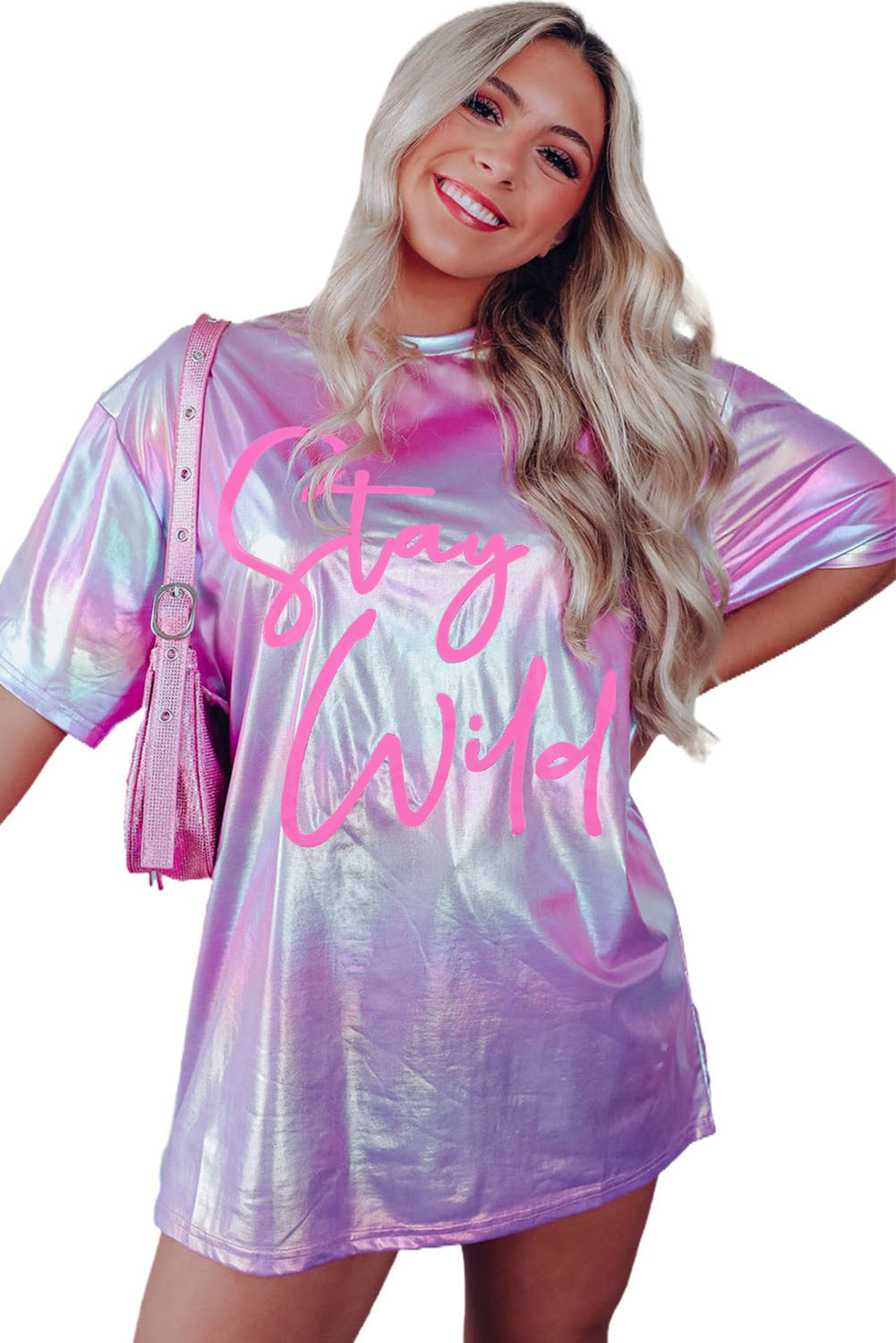 Shiny Iridescent Stay Wild Graphic Oversized Tee