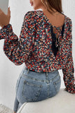 V Cut Lace Patch Tie-up Ruffled Puff Sleeve Floral Blouse