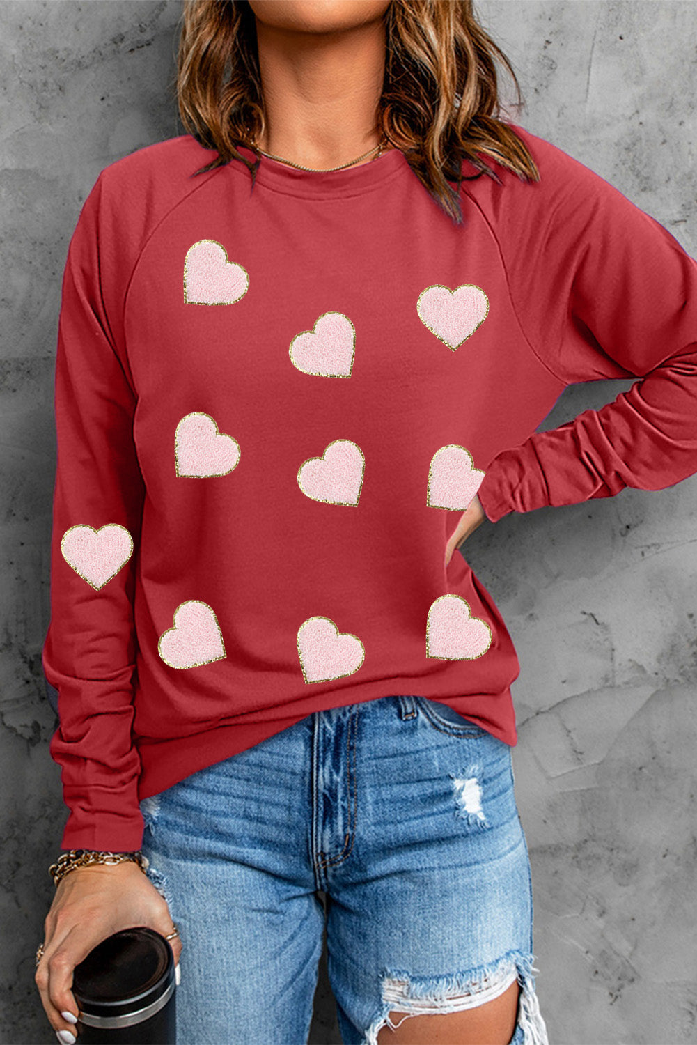 Red Solid Round Neck Raglan Sleeve Sweatshirt