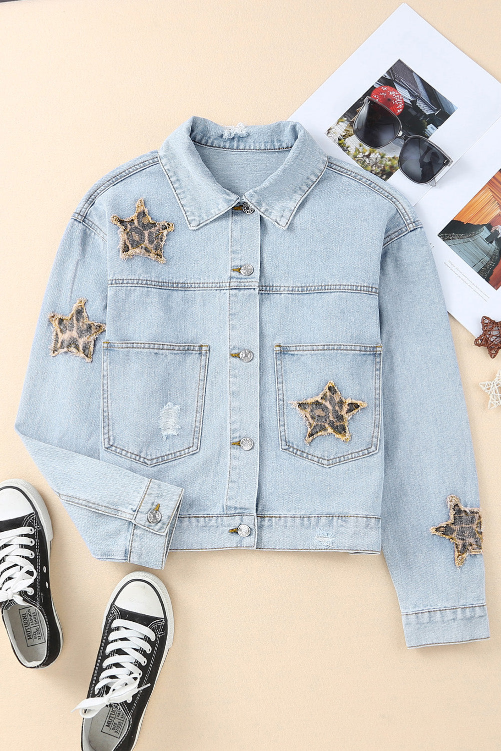 Leopard Star Distressed Cropped Denim Jacket