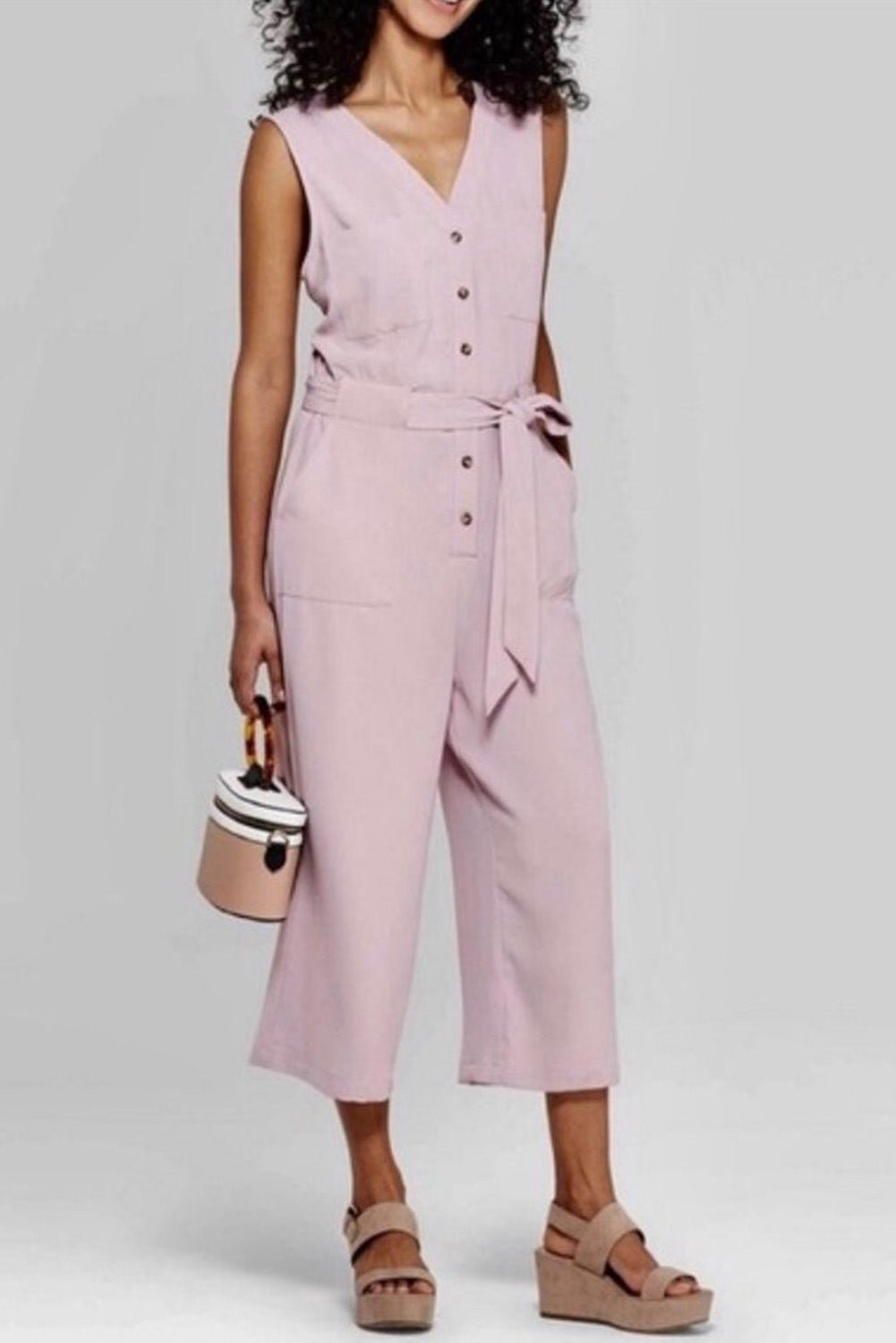 Buttoned Sleeveless Cropped Jumpsuit with Sash