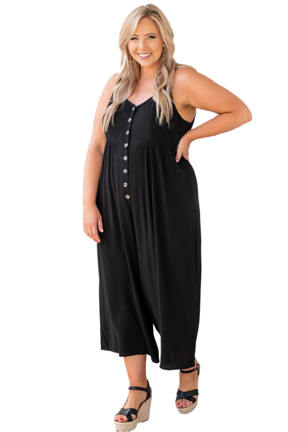 Buttons Sleeveless Wide Leg Plus Size Jumpsuit