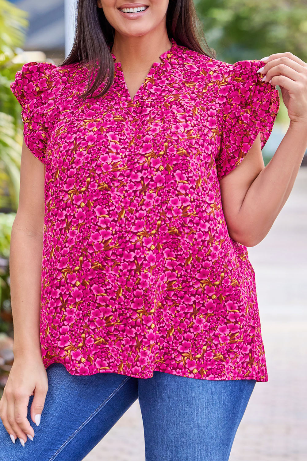 Floral Print Ruffle Sleeve Plus Size Shift Top