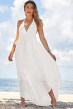 Robe longue asymétrique blanche à col licou et dos nu en V profond 