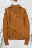 High Neck Hollow-out Crossed Wrap Knit Sweater