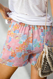 Pink Floral Print Side Pockets Drawstring Casual Shorts