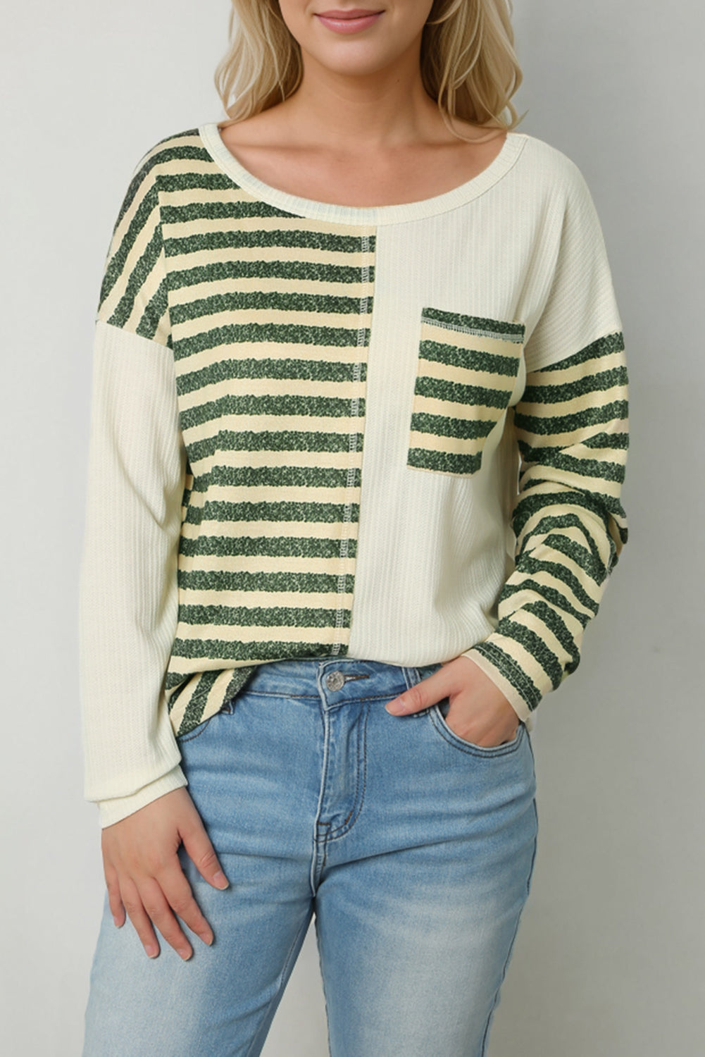 Striped Patch Textured Fabric Long Sleeve Top