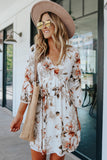 V Neck 3/4 Sleeve Floral Dress