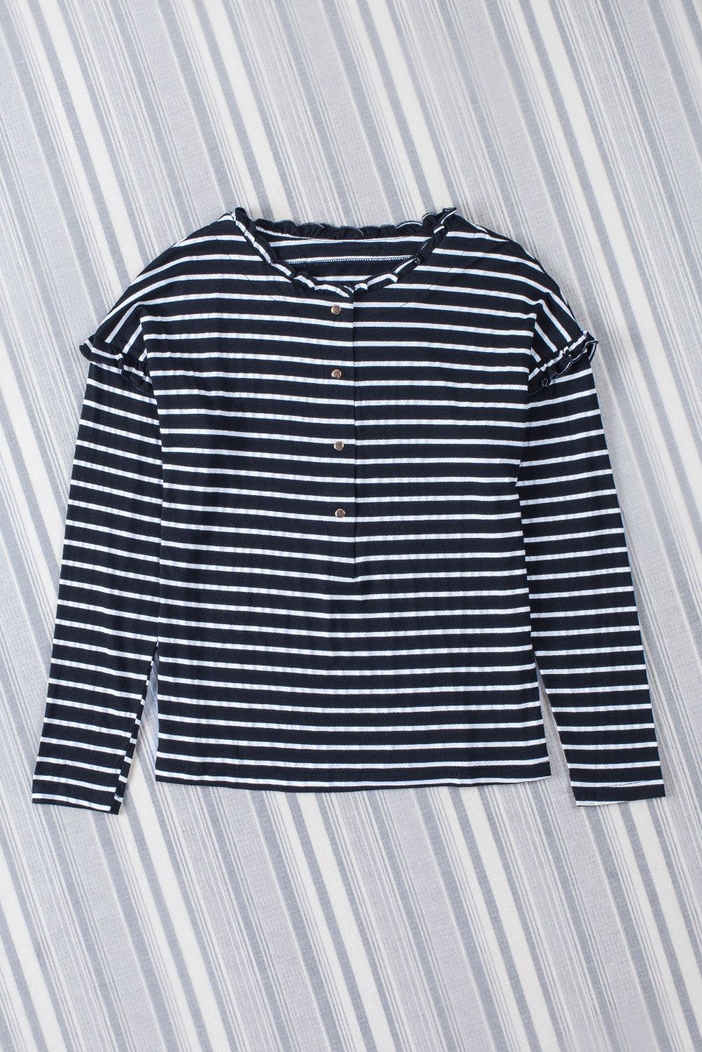 Striped Print Ruffled Buttoned Long Sleeve Top