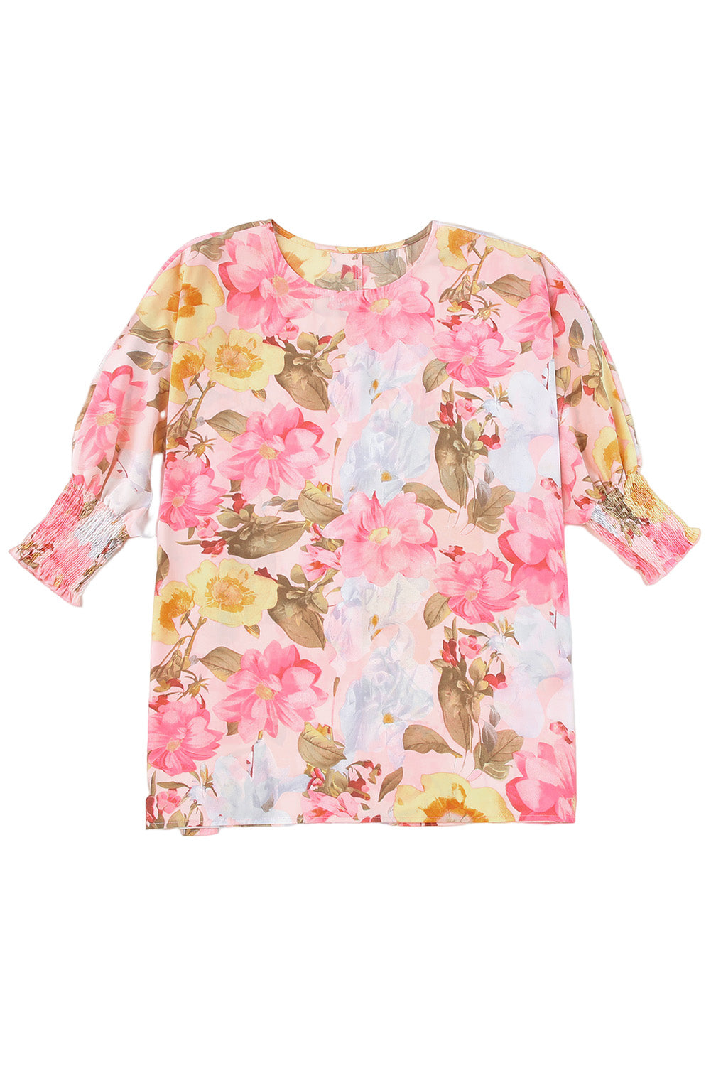 Pink Floral Print Tiered Ruffled Long Sleeve Blouse