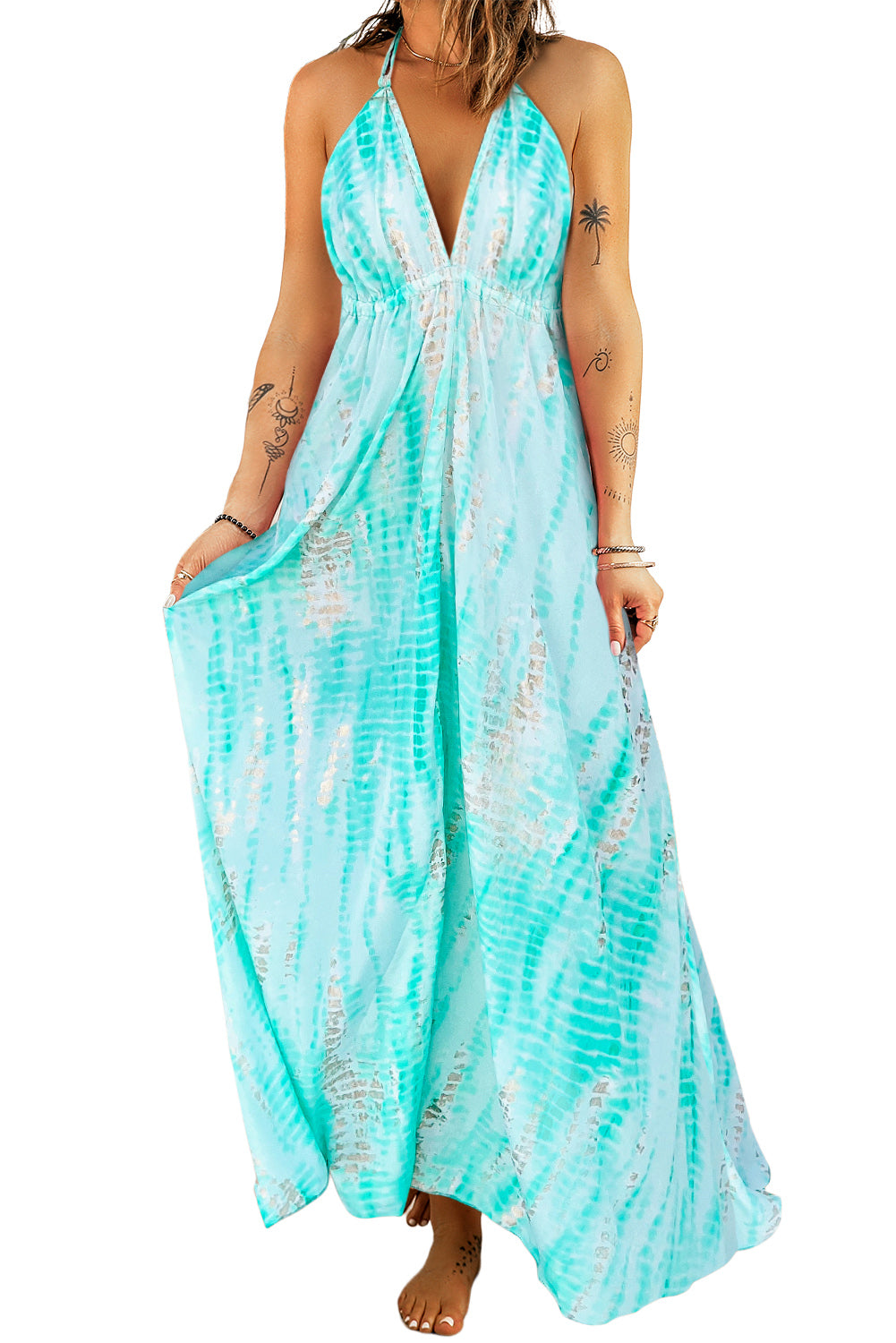 Robe longue à lacets et imprimé tie-dye dos ouvert col en V vert