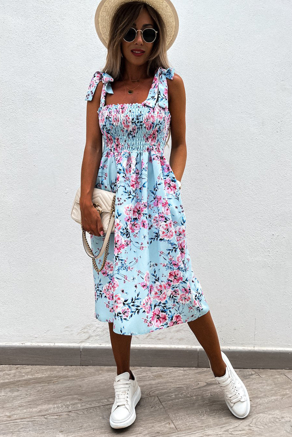 Apricot Tie Straps Smocked Floral Dress