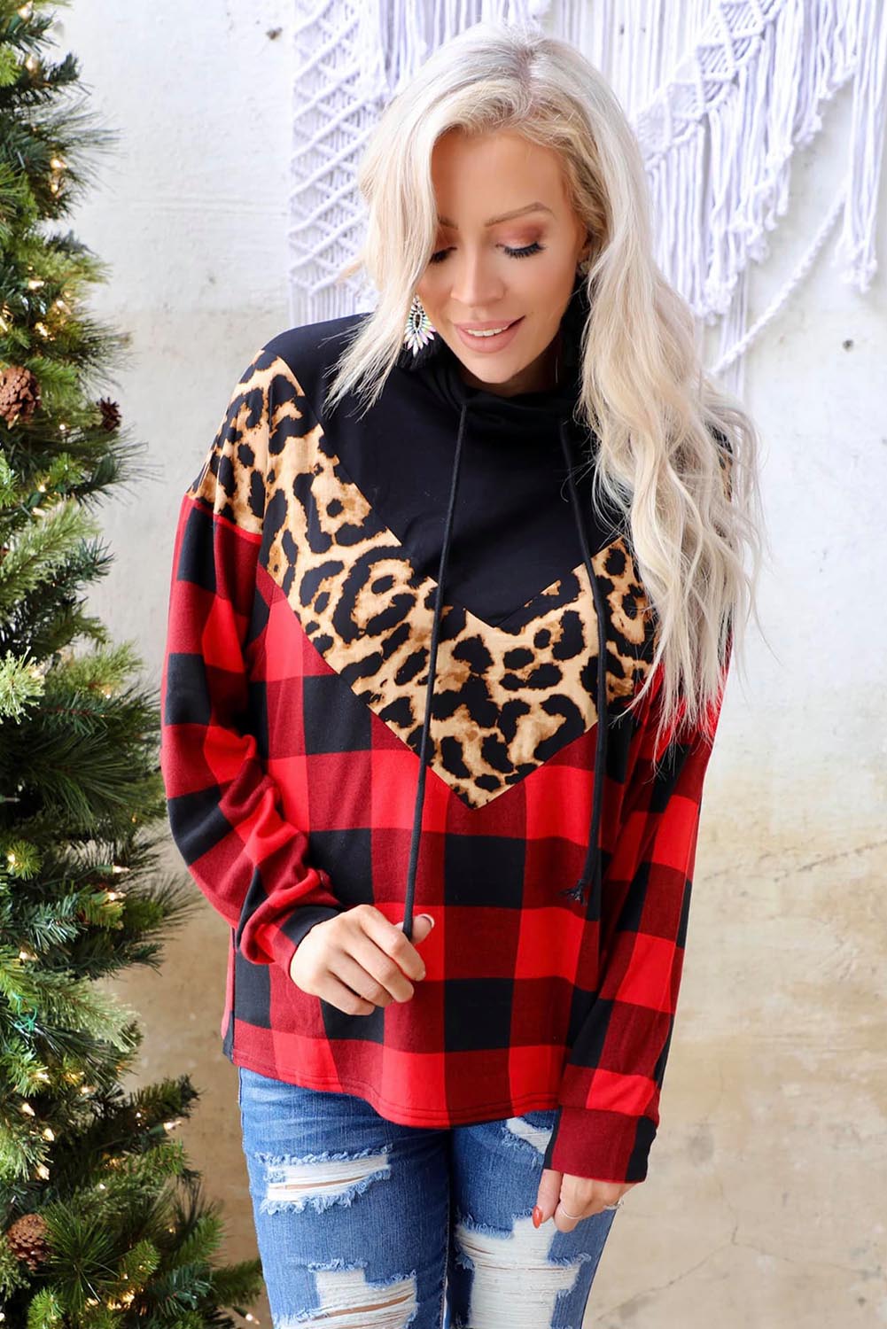 Chevron Plaid Leopard Patchwork Turtleneck Sweatshirt