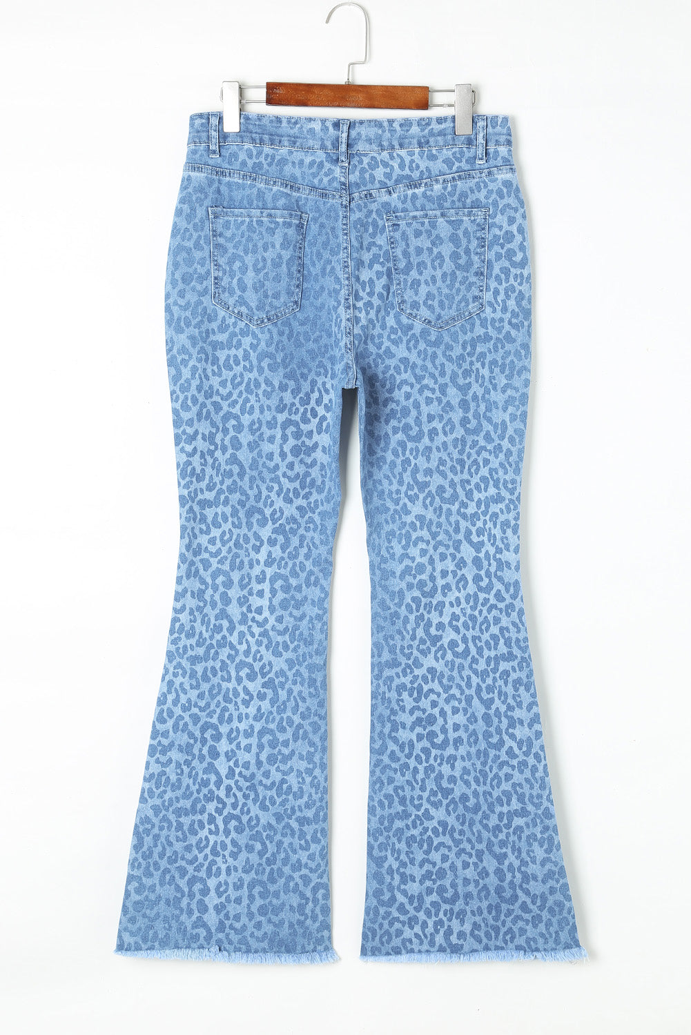 Sky Blue Leopard Print Raw Hem High Waist Flare Jeans