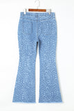 Sky Blue Leopard Print Raw Hem High Waist Flare Jeans