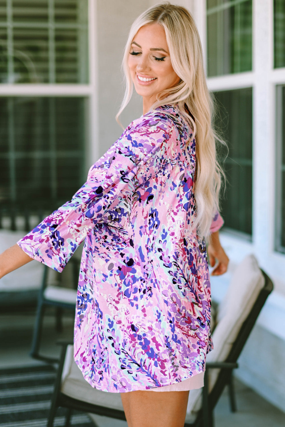 Abstract Floral Print Lightweight Kimono