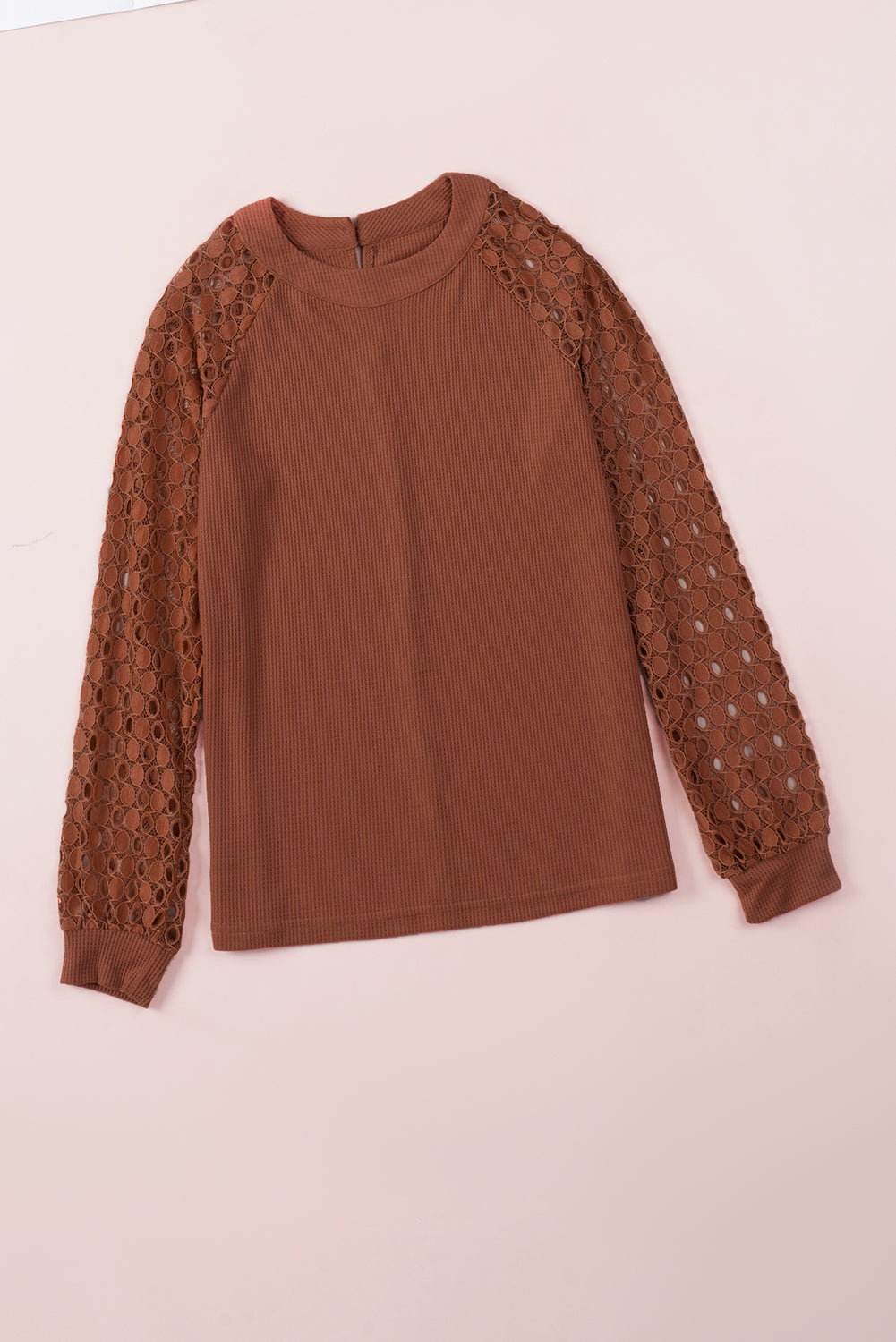 Lace Contrast Long Sleeve Waffle Knit Top