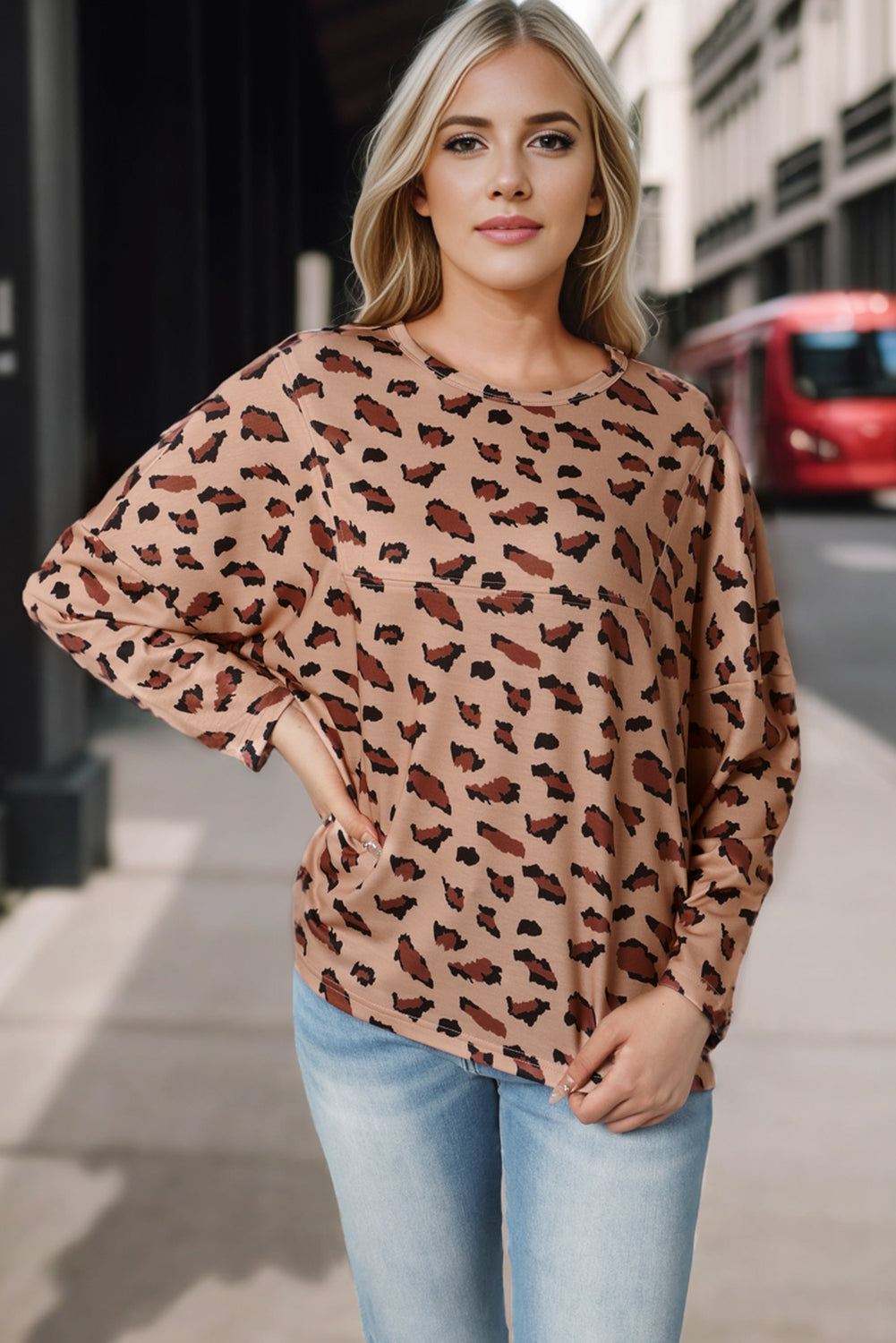 Pink Animal Print Stitching Loose Long Sleeve Top