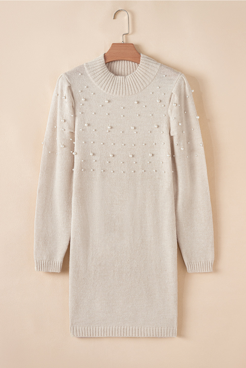 Parchment Pearl Beaded High Neck Bodycon Sweater Dress