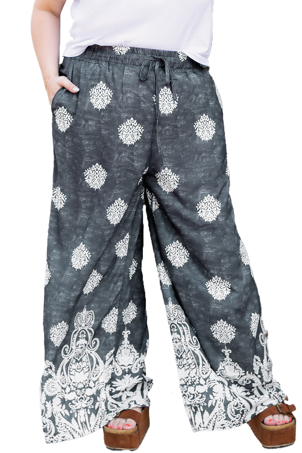 Black Plus Size Geometric Ethnic Print Drawstring Wide Leg Pants