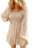 Apricot Boho Floral Smocked Puff Sleeve Mini Dress