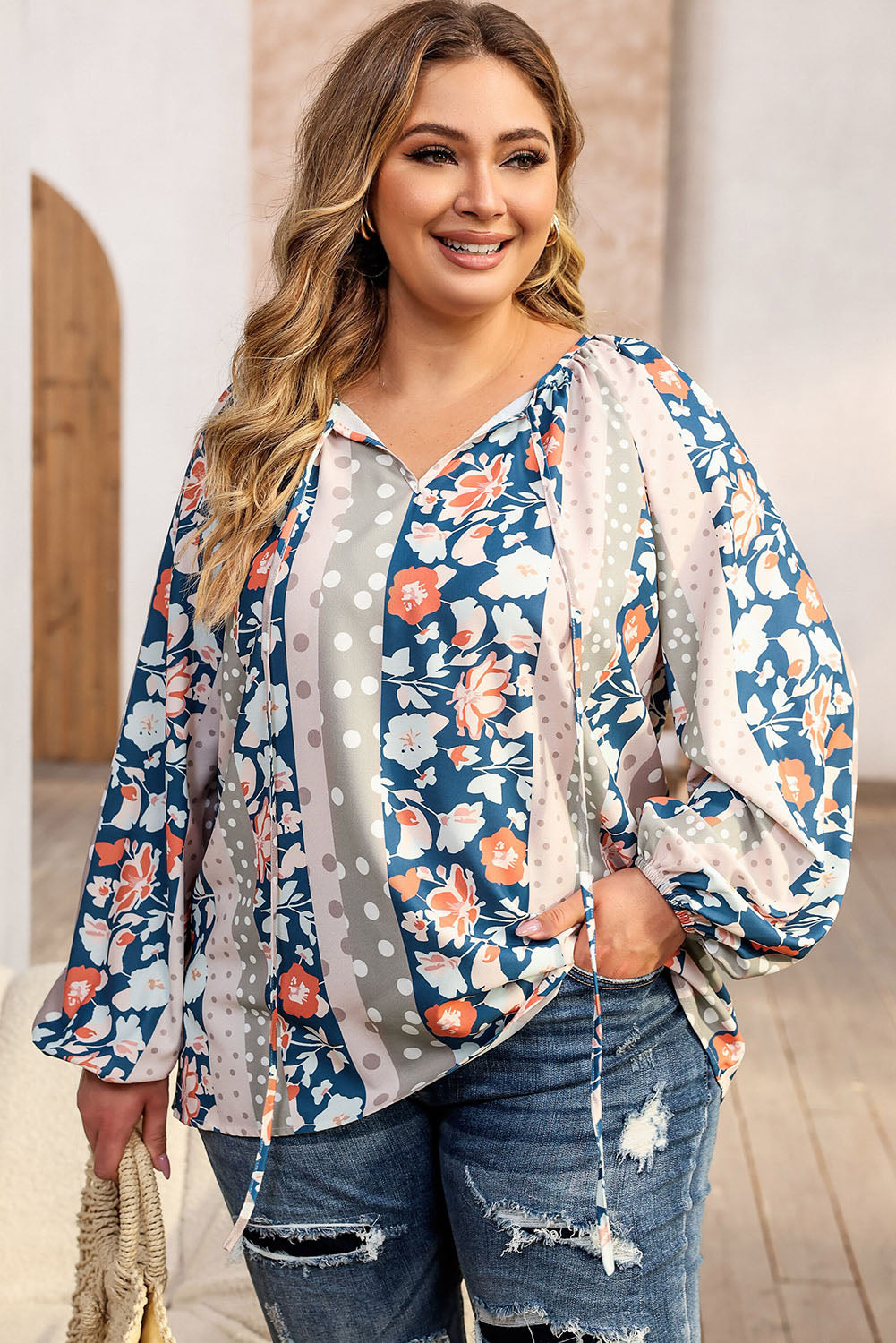 Plus Size Mixed Print Split Neck Blouse