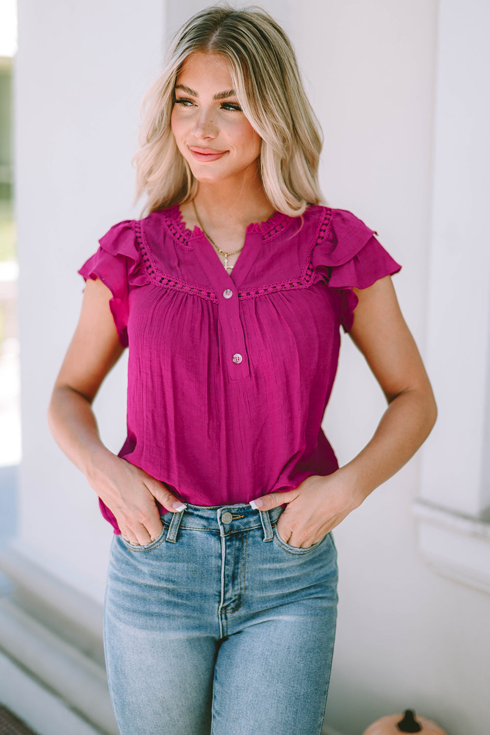 Lace Patchwork Buttoned Ruffled Sleeve Tank Top