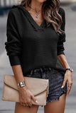 V Neck Ribbed Drop Shoulder Hooded Sweater