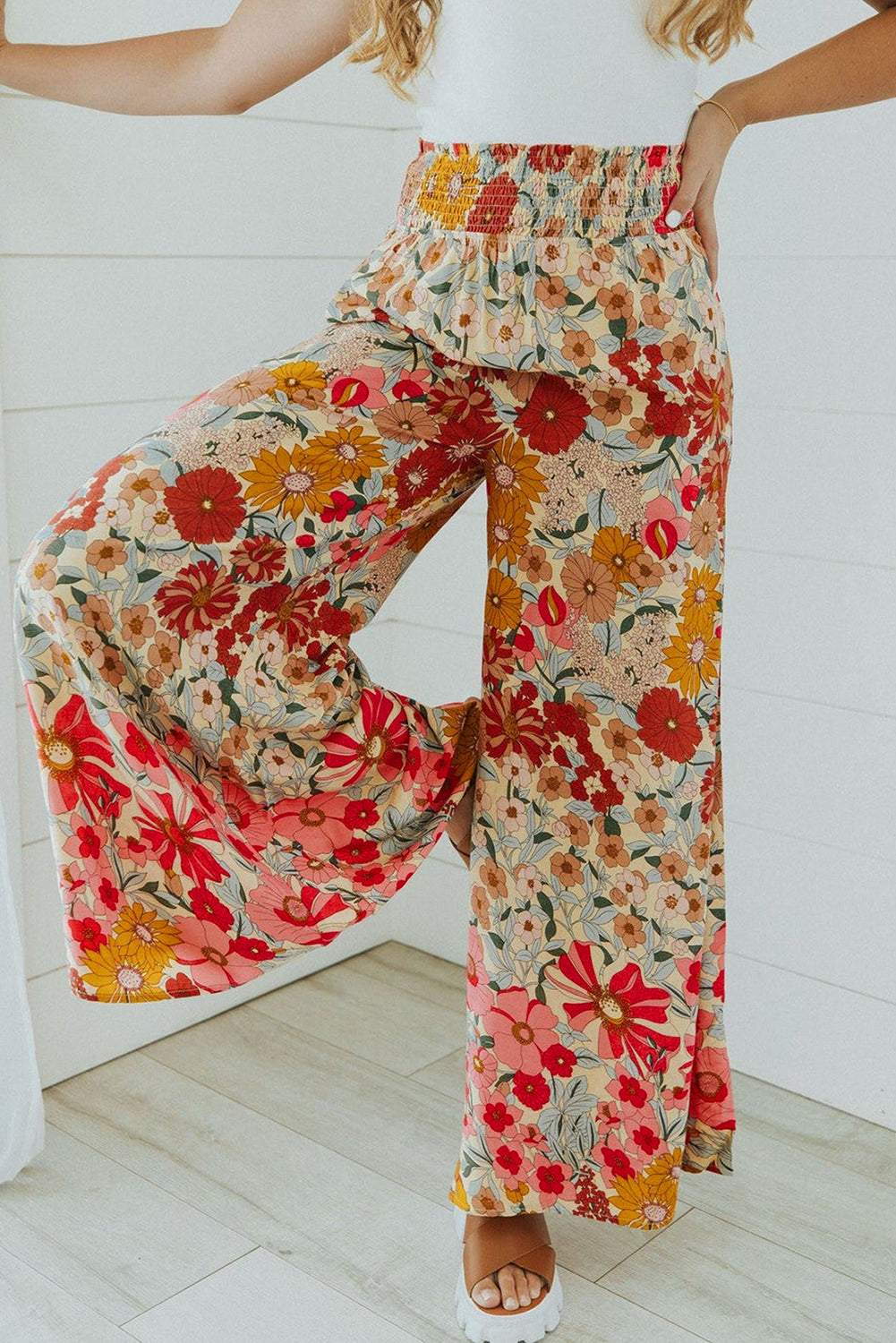 Oatmeal Boho Floral Smocked Waist Super Loose Pants