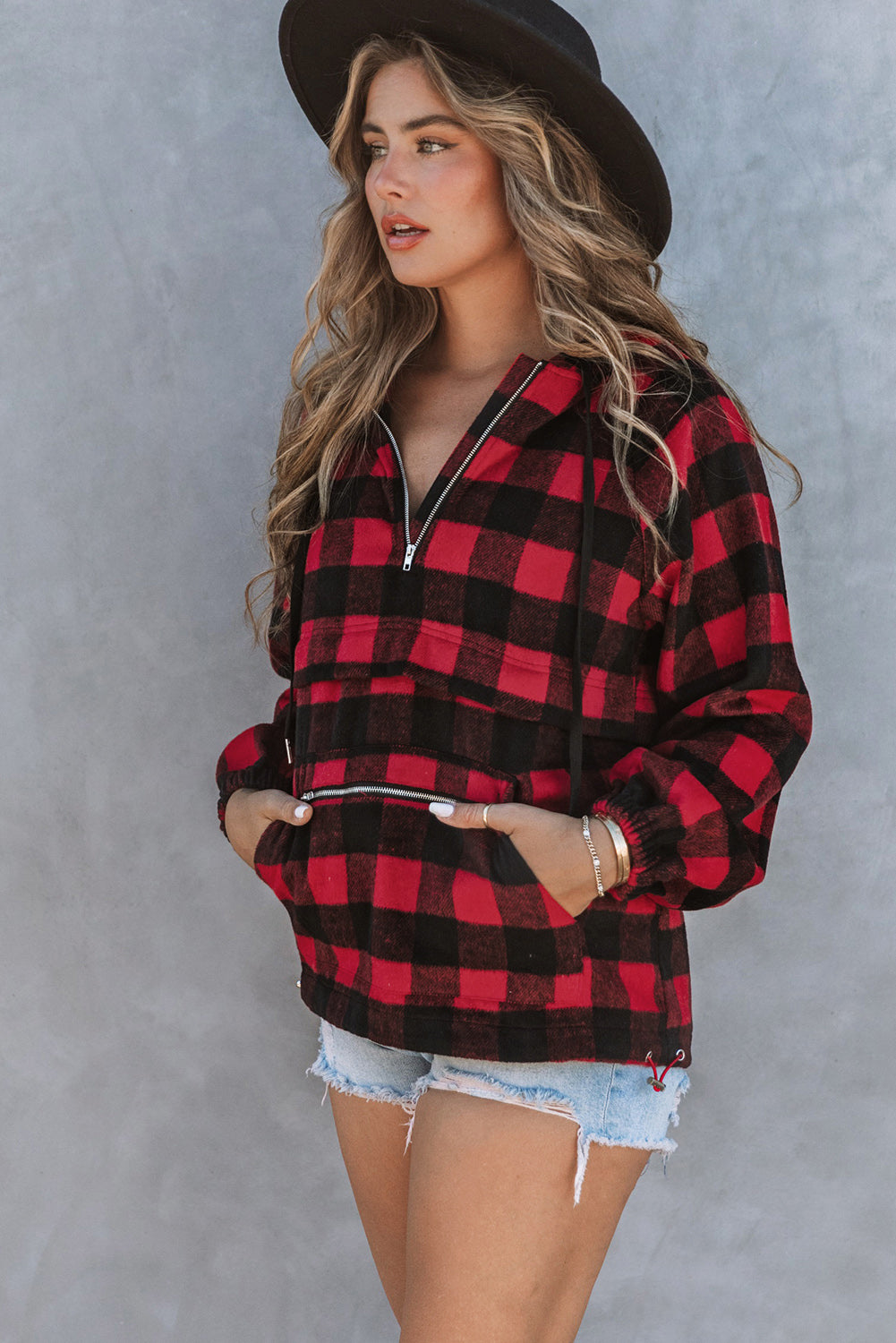 Buffalo Plaid Zipped Front Pocketed Hoodie