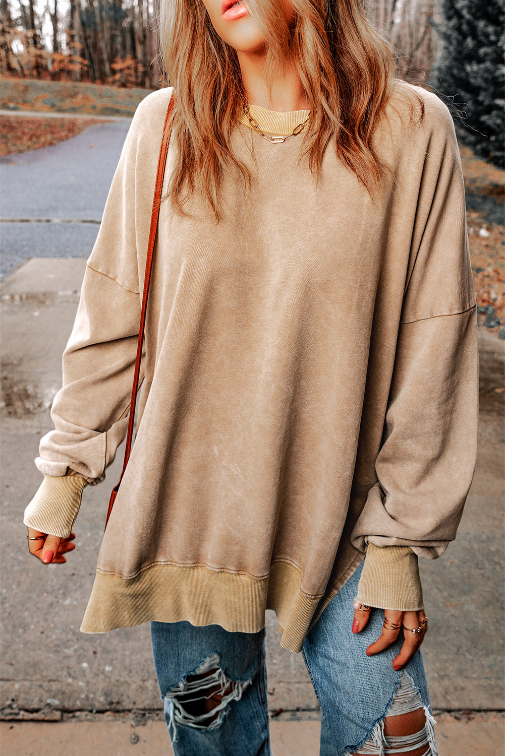 Khaki Drop Shoulder Ribbed Trim Oversized Sweatshirt