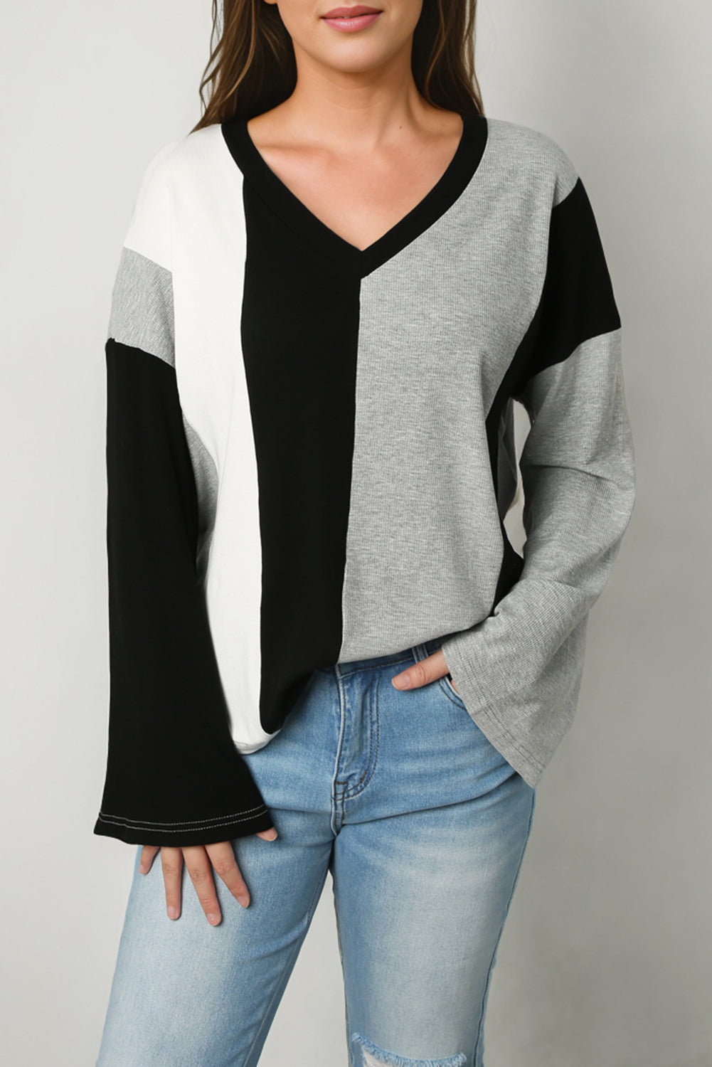 Black Colorblock Long Sleeve V Neck Top