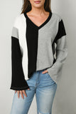 Black Colorblock Long Sleeve V Neck Top