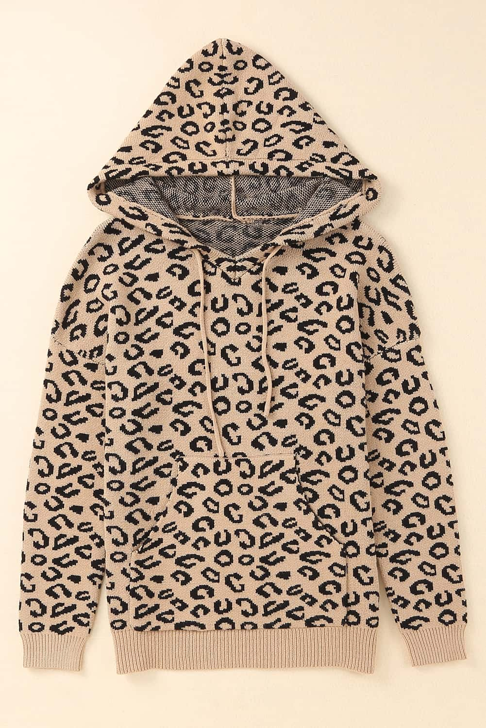 Leopard Knitted Drawstring Hooded Sweater