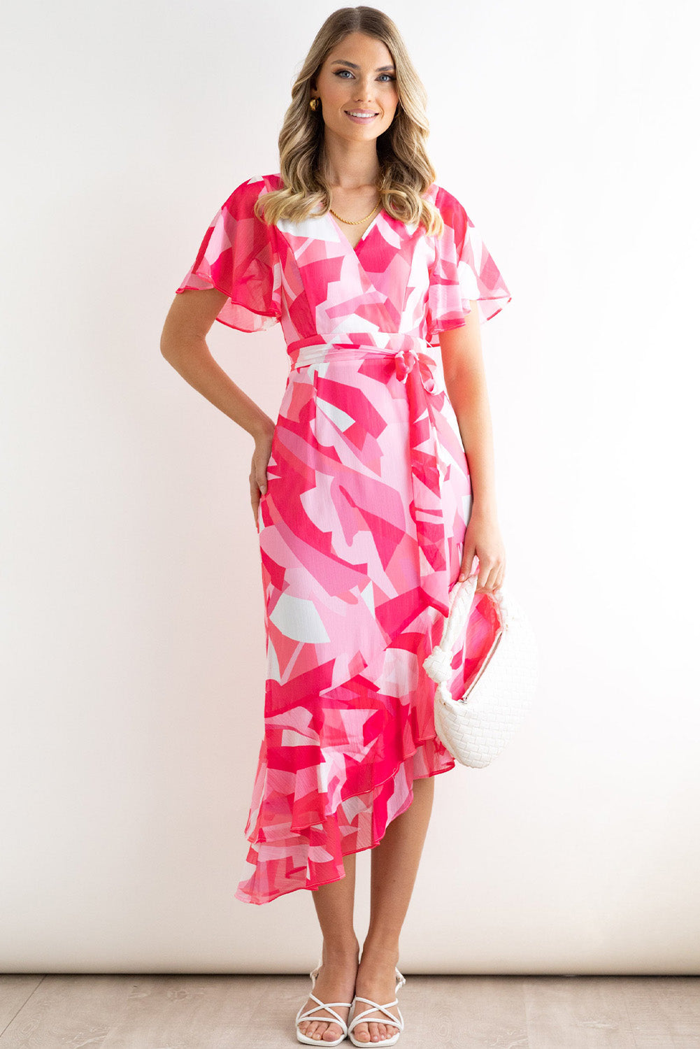 Abstract Print Asymmetric Ruffle Hem Belted Dress