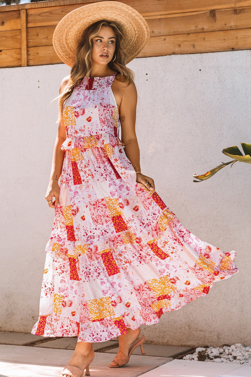 Robe longue sans manches à imprimé floral géométrique bohème multicolore