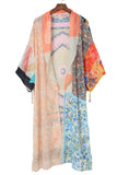 Bohemian Patchwork Print Drawstring Puff Sleeve Kimono