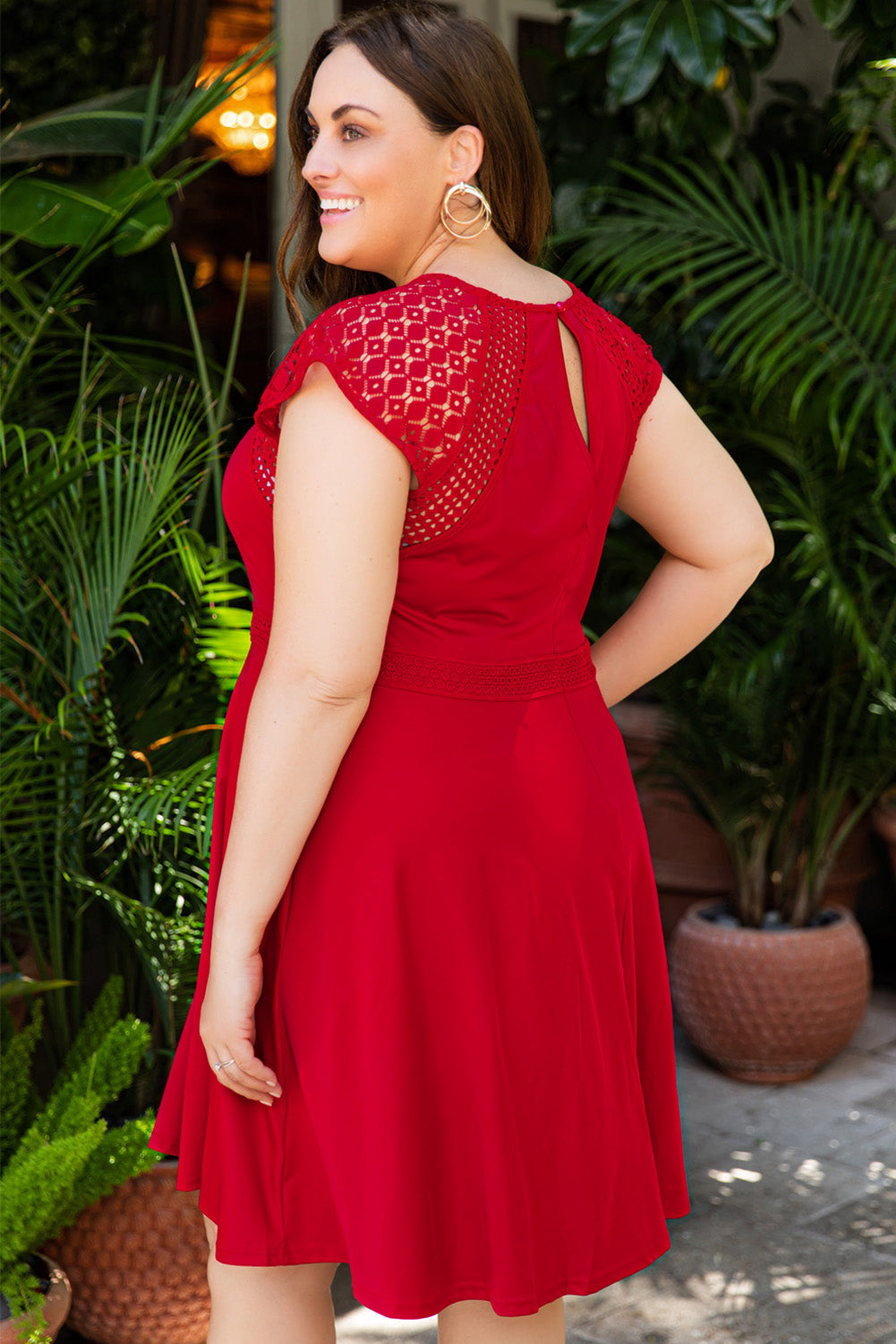 Red Plus Size Lace Yoke Splice Fit-and-flare Curvy Dress